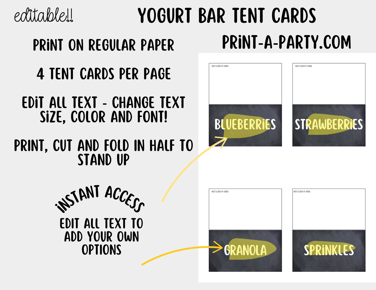 Editable Yogurt Bar Sign (8x10) and Topping Tent Cards Canva Template - Perfect for Parties, Showers and Events
