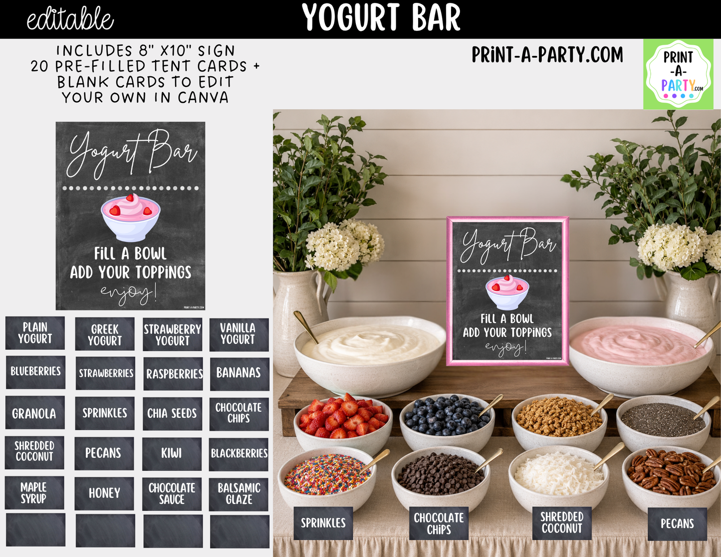 Editable Yogurt Bar Sign (8x10) and Topping Tent Cards Canva Template - Perfect for Parties, Showers and Events