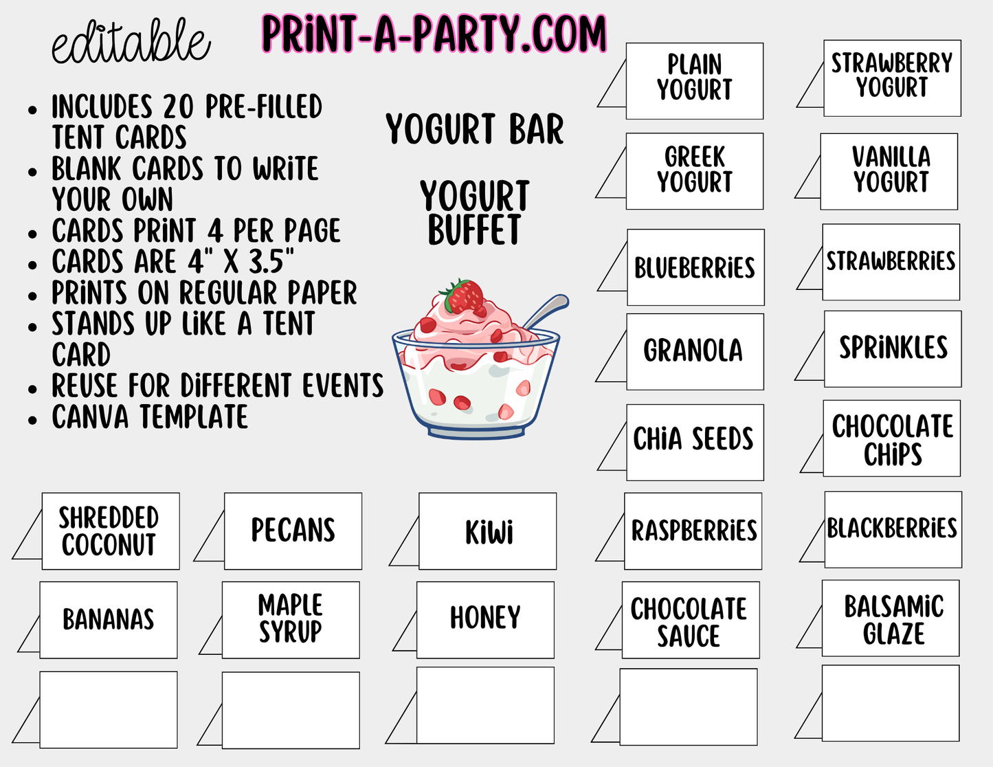 Editable Yogurt Bar Sign (8x10) and Topping Tent Cards Canva Template - Perfect for Parties, Showers and Events