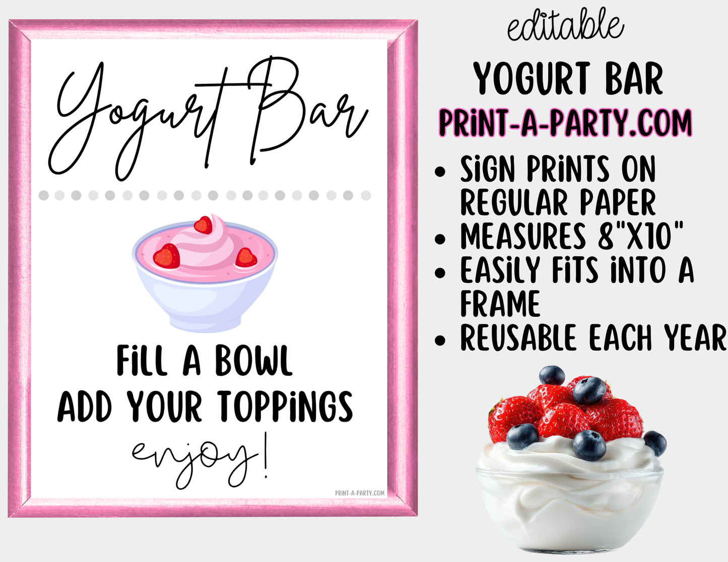 Editable Yogurt Bar Sign (8x10) and Topping Tent Cards Canva Template - Perfect for Parties, Showers and Events