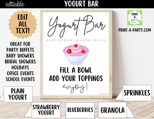 Editable Yogurt Bar Sign (8x10) and Topping Tent Cards Canva Template - Perfect for Parties, Showers and Events