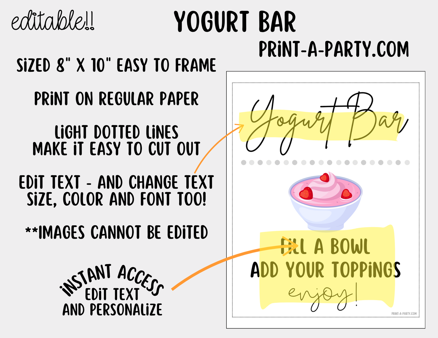 Editable Yogurt Bar Sign (8x10) and Topping Tent Cards Canva Template - Perfect for Parties, Showers and Events