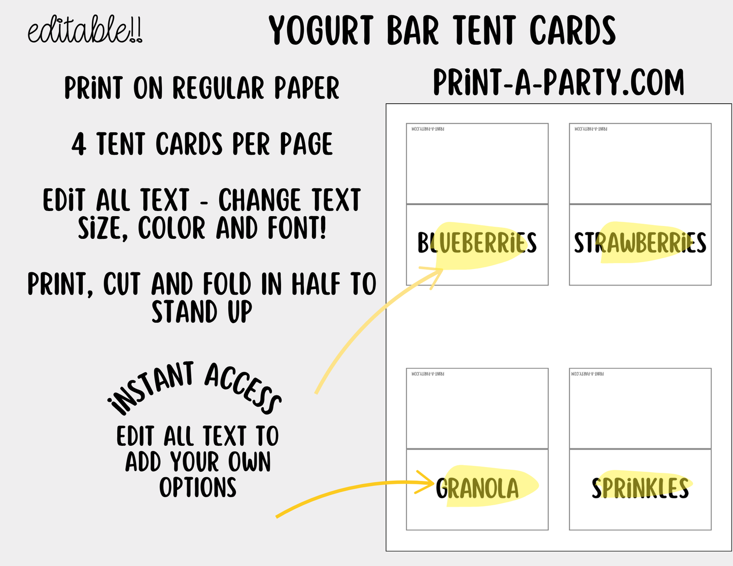 Editable Yogurt Bar Sign (8x10) and Topping Tent Cards Canva Template - Perfect for Parties, Showers and Events