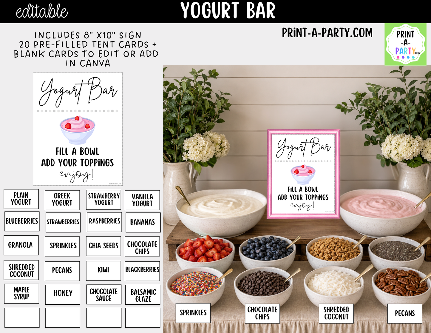Editable Yogurt Bar Sign (8x10) and Topping Tent Cards Canva Template - Perfect for Parties, Showers and Events