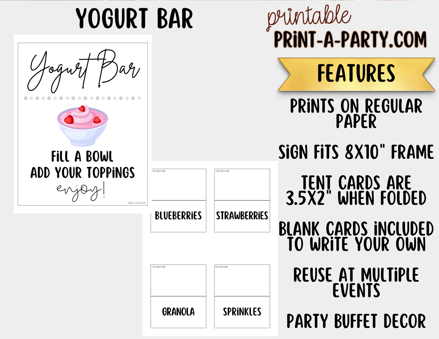 Yogurt Bar Printable Sign (8x10) & Topping Tent Cards – Party Event Decor PDF