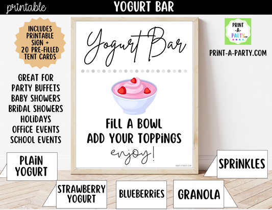 Yogurt Bar Printable Sign (8x10) & Topping Tent Cards – Party Event Decor PDF