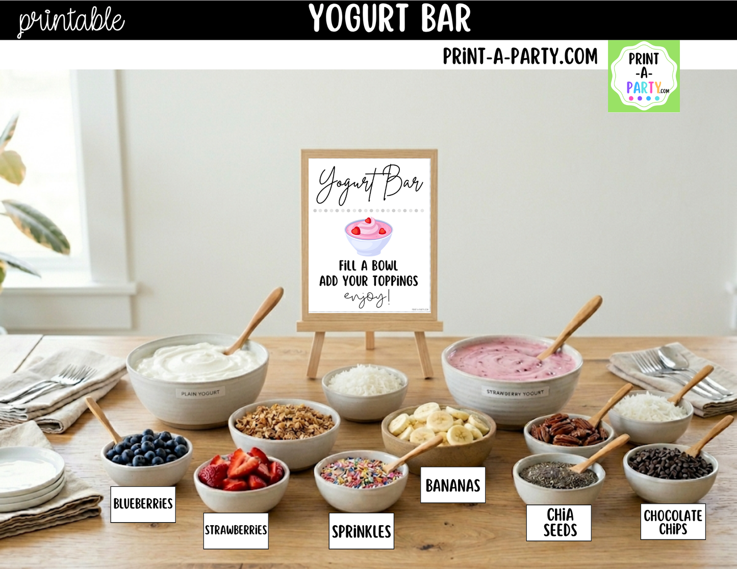 Yogurt Bar Printable Sign (8x10) & Topping Tent Cards – Party Event Decor PDF