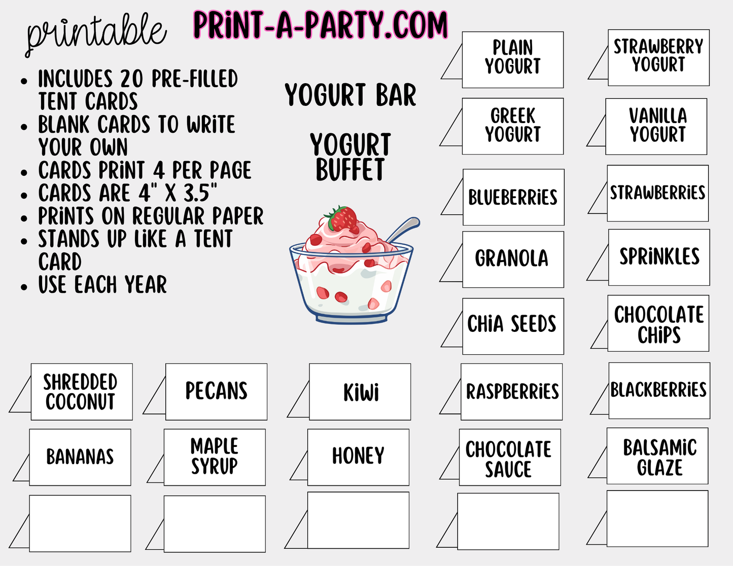 Yogurt Bar Printable Sign (8x10) & Topping Tent Cards – Party Event Decor PDF