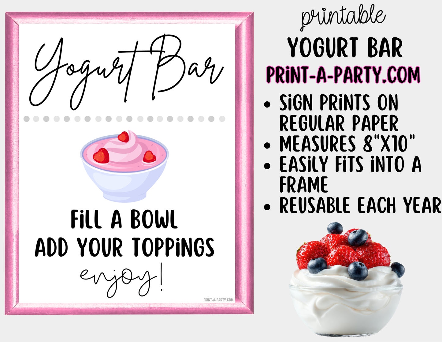 Yogurt Bar Printable Sign (8x10) & Topping Tent Cards – Party Event Decor PDF