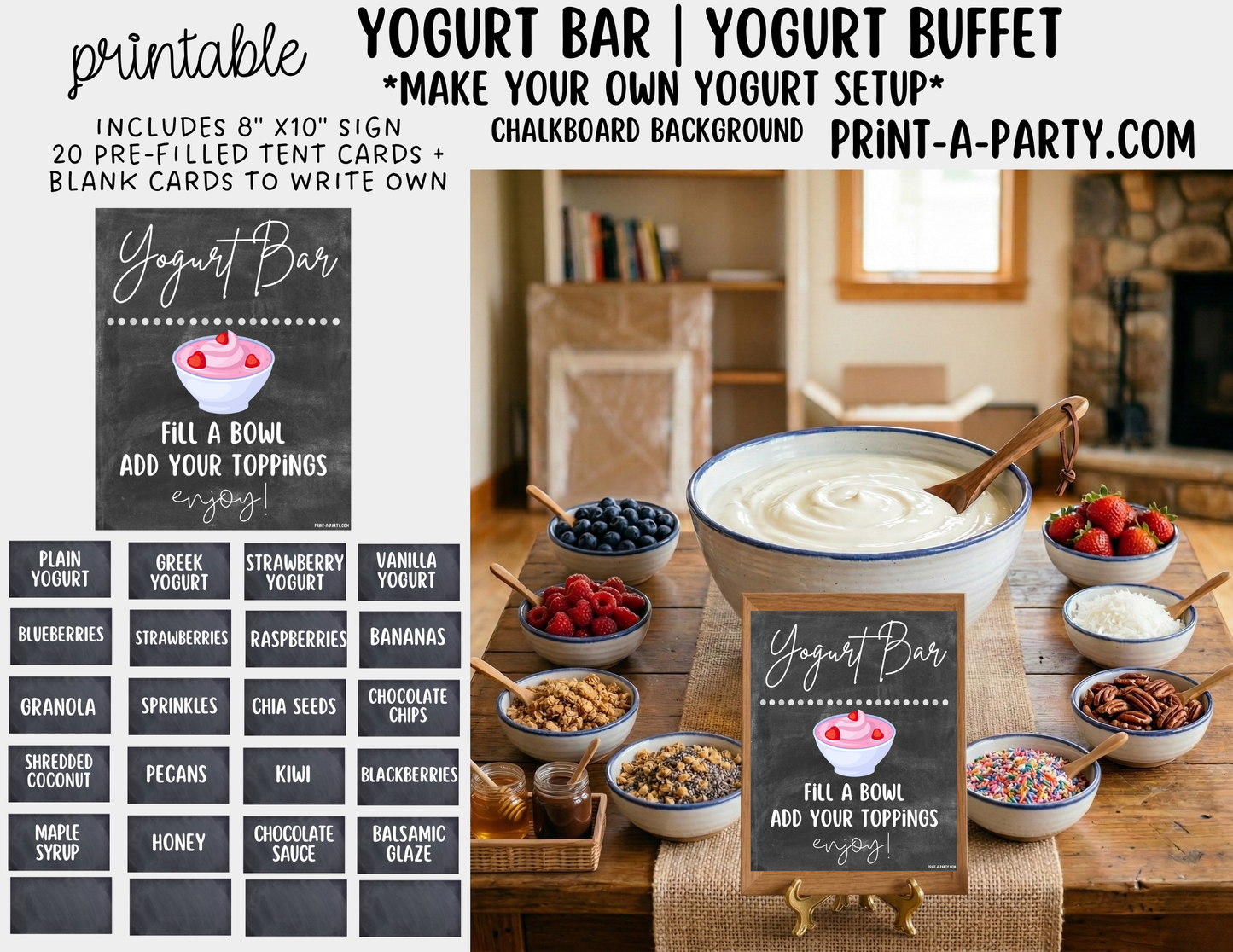 YOGURT BAR - Printable Yogurt Bar Sign & Topping Tent Cards – Party Event Decor PDF