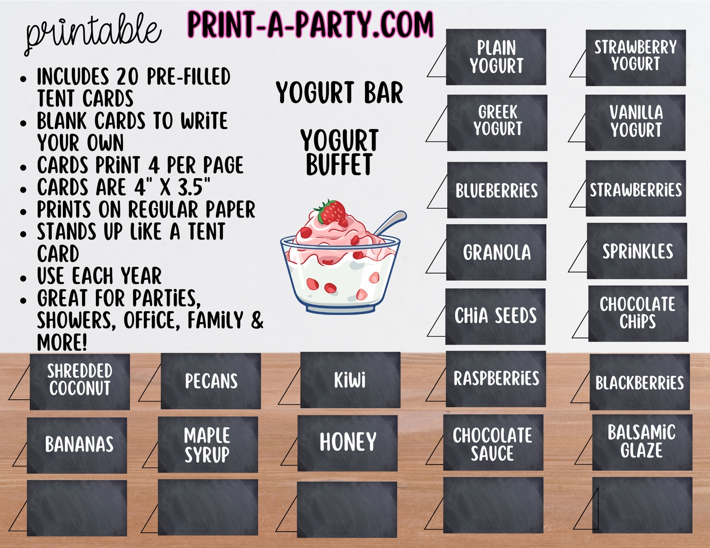 YOGURT BAR - Printable Yogurt Bar Sign & Topping Tent Cards – Party Event Decor PDF