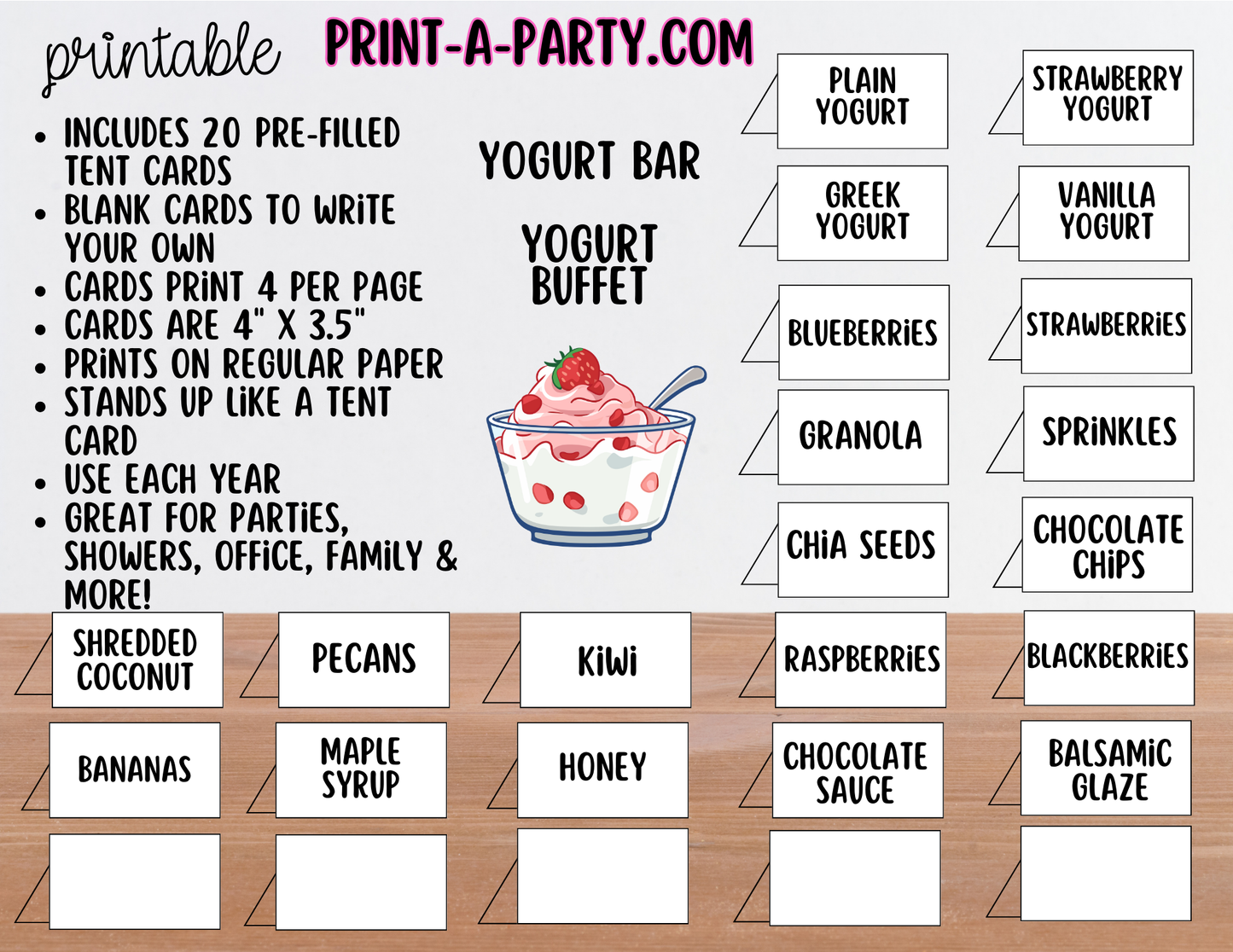 YOGURT BAR - Printable Yogurt Bar Sign & Topping Tent Cards – Party Event Decor PDF