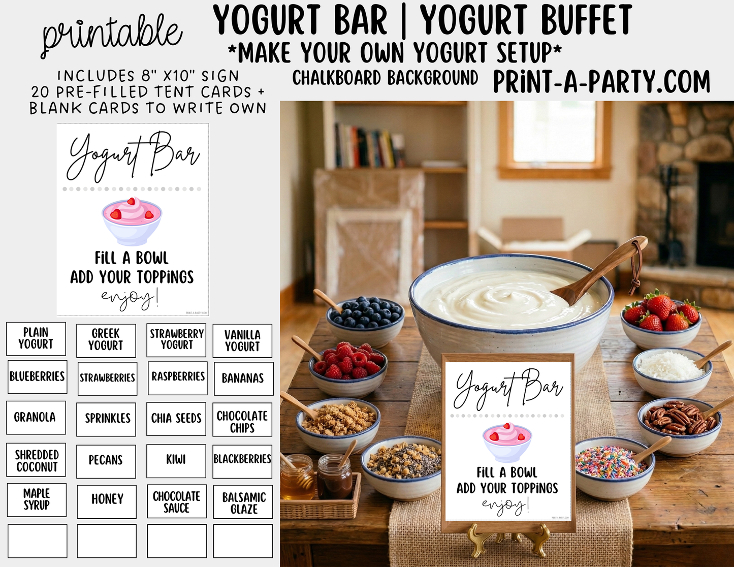 YOGURT BAR - Printable Yogurt Bar Sign & Topping Tent Cards – Party Event Decor PDF