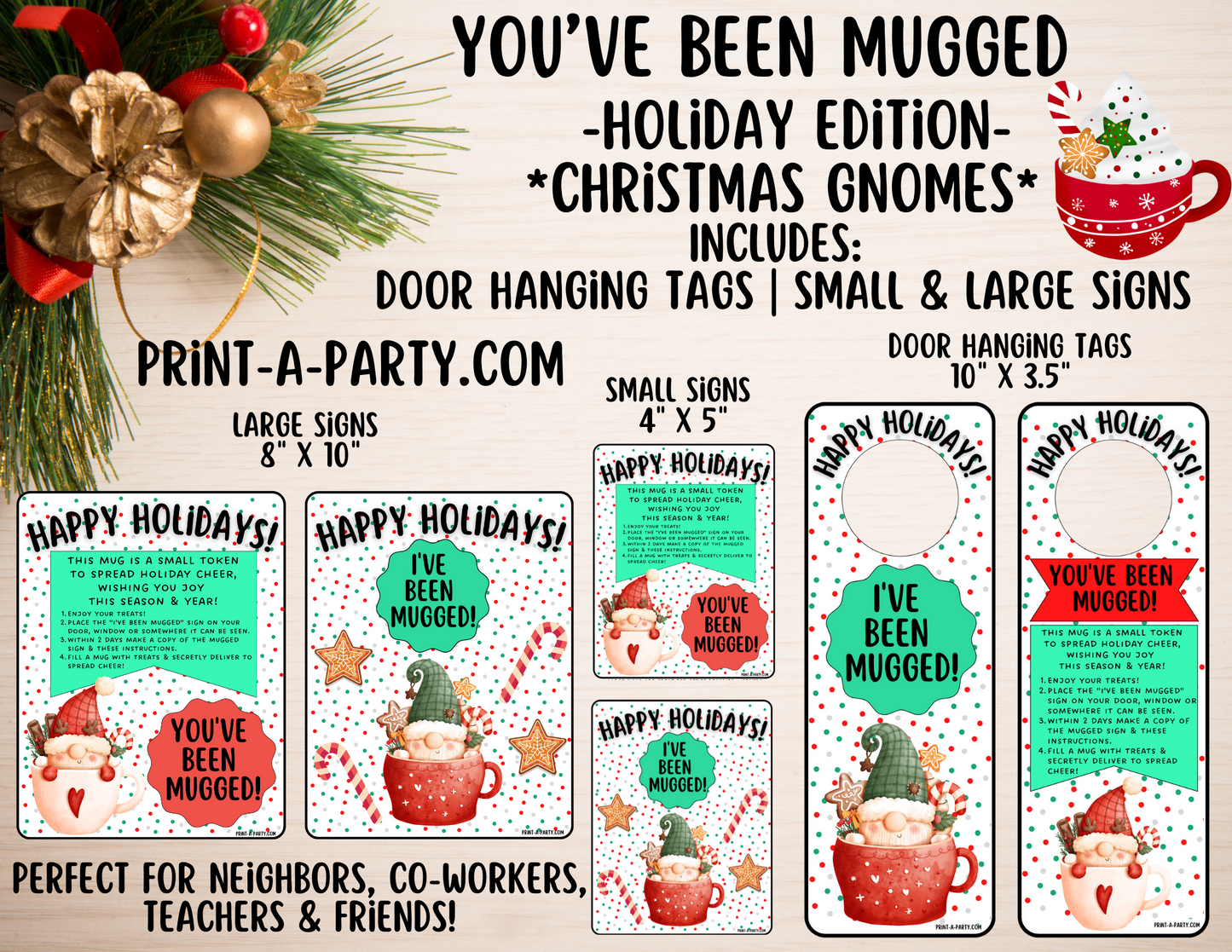 GIFT IDEA: You've Been Mugged Holiday Gift Printable - Christmas Gnomes | Neighbor Gift Idea | Co-Worker Gift Idea | Teacher Holiday Gifts