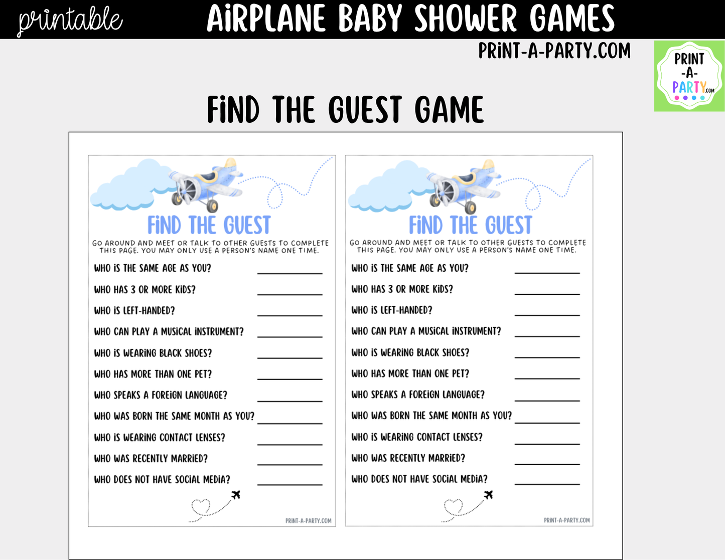 Airplane Baby Shower Games Bundle - 5 Printable Aviation Theme Party Games, Instant Download