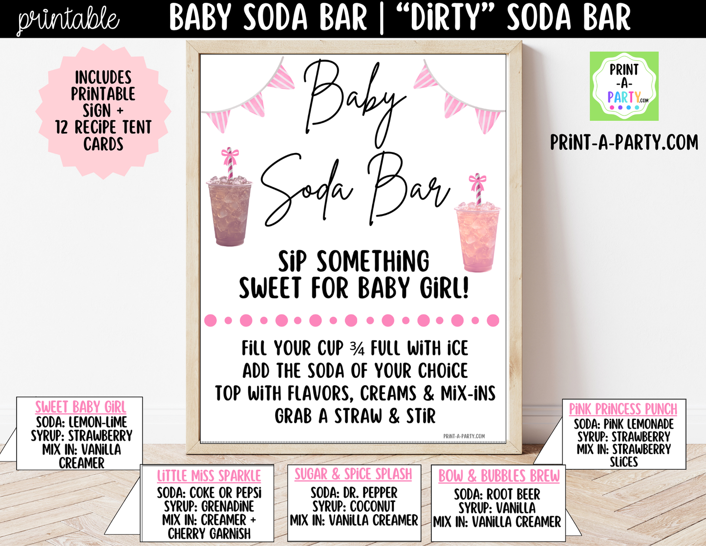 Baby Girl Soda Bar Kit - Printable Sign (8x10), Recipe Tent Cards (12 recipes!) + Shopping list for Baby Showers, Adoption parties or any baby event!