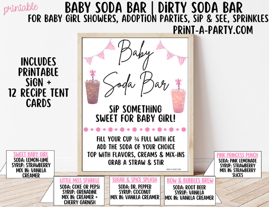 SODA BAR - Printable Baby Girl Soda Bar Kit - Sign & Recipe Tent Cards (12 recipes!) for Baby Showers, Adoption parties or any baby event!