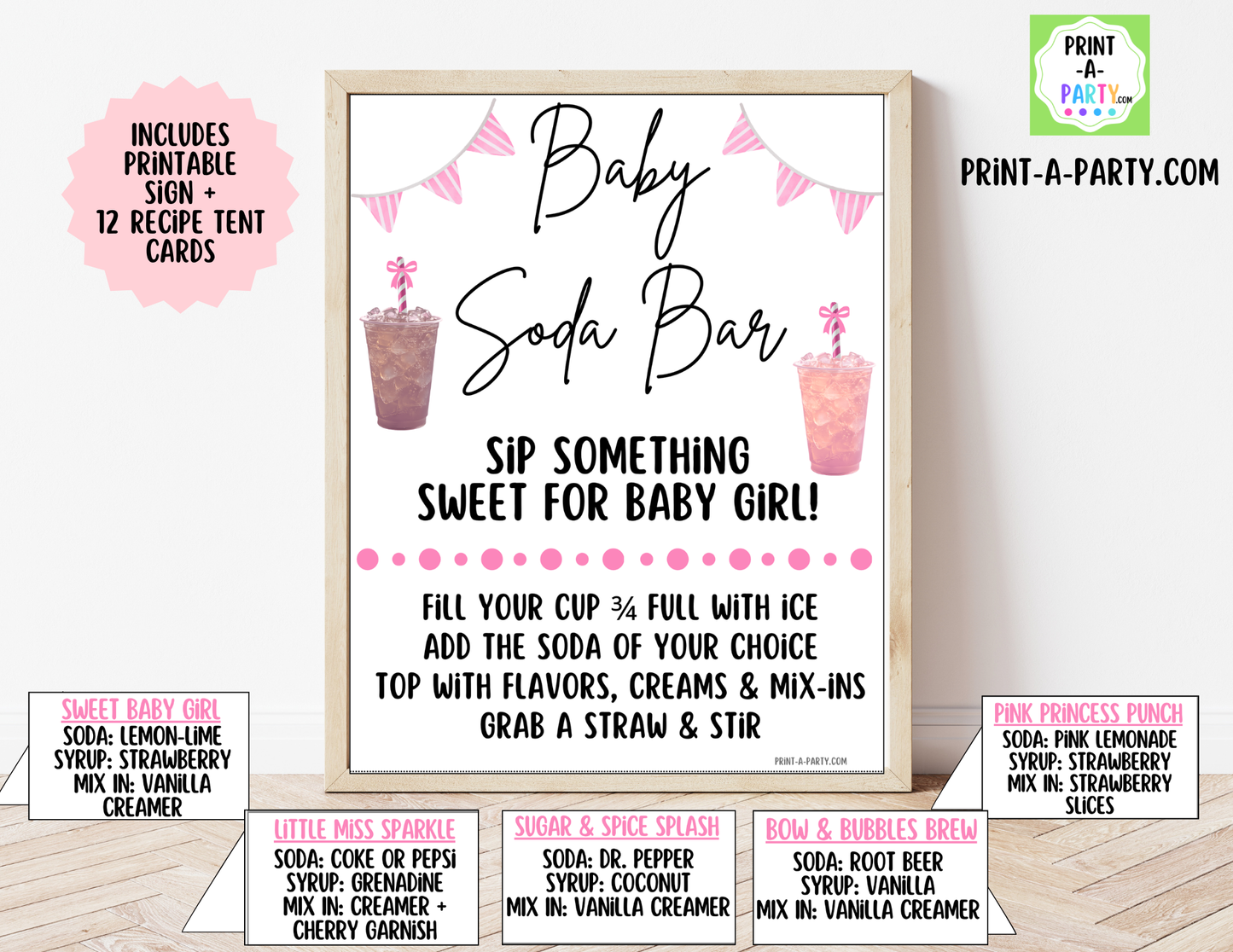 Baby Girl Soda Bar Kit - Printable Sign (8x10) & Recipe Tent Cards (12 recipes!) for Baby Showers, Adoption parties or any baby event!