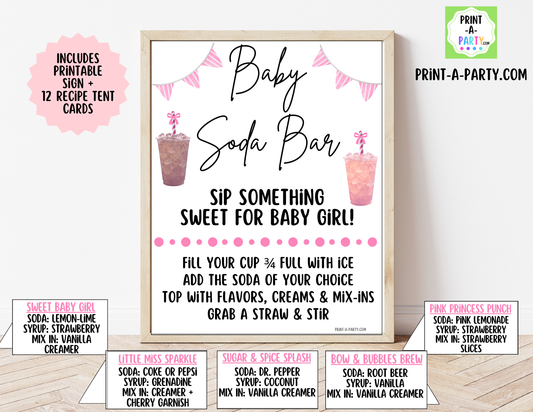 Baby Girl Soda Bar Kit - Printable Sign (8x10) & Recipe Tent Cards (12 recipes!) for Baby Showers, Adoption parties or any baby event!
