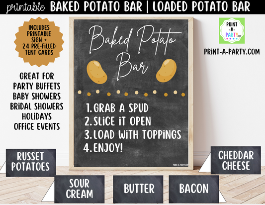 Baked Potato Bar Sign (8x10) & Topping Tent Cards - Printable Food Station for Parties, Showers, Events, Holidays