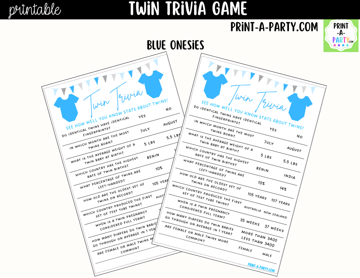 Twin Baby Shower Trivia Game Printable