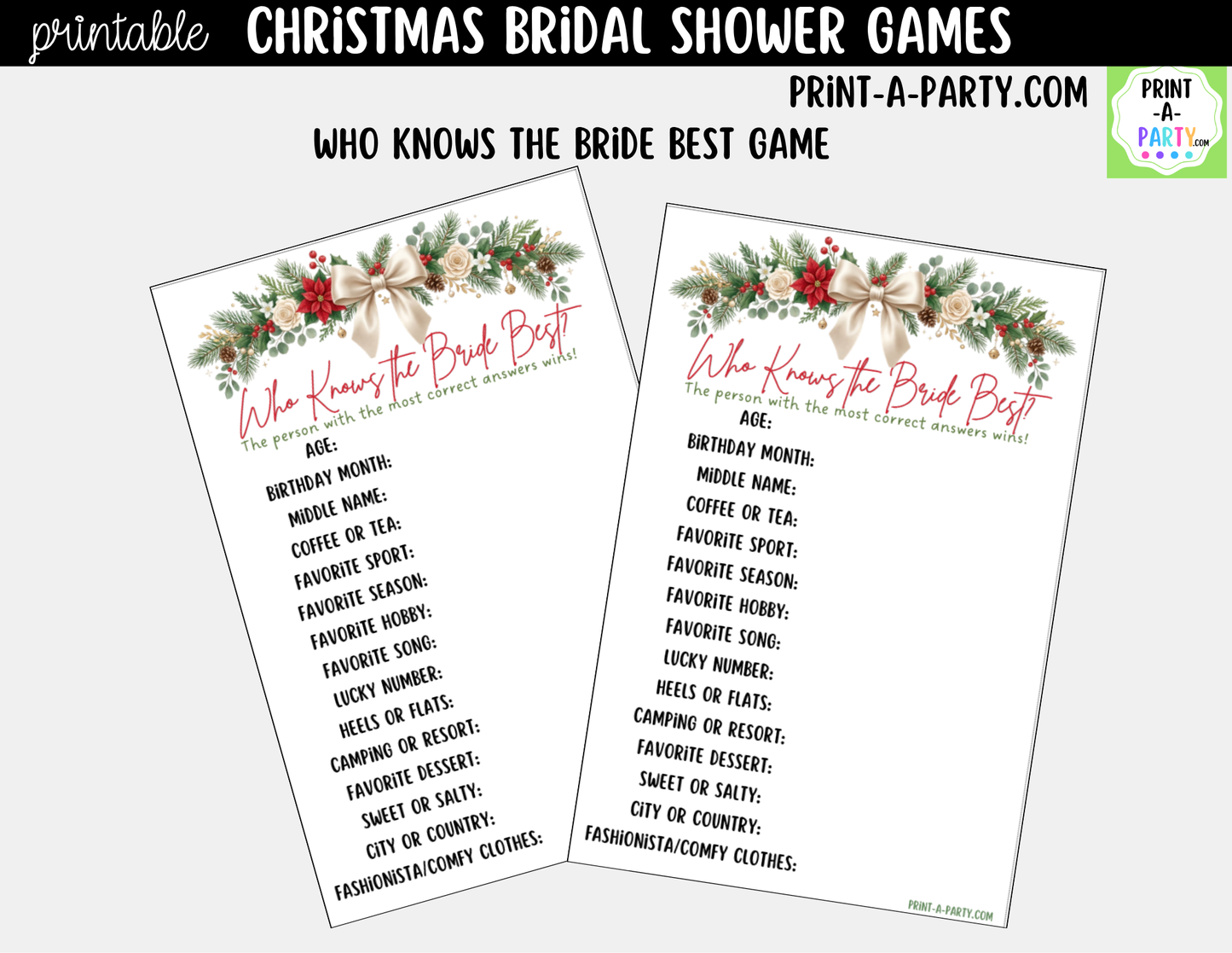 Christmas Bridal Shower Games Printable - Holiday Bridal Shower Game Bundle