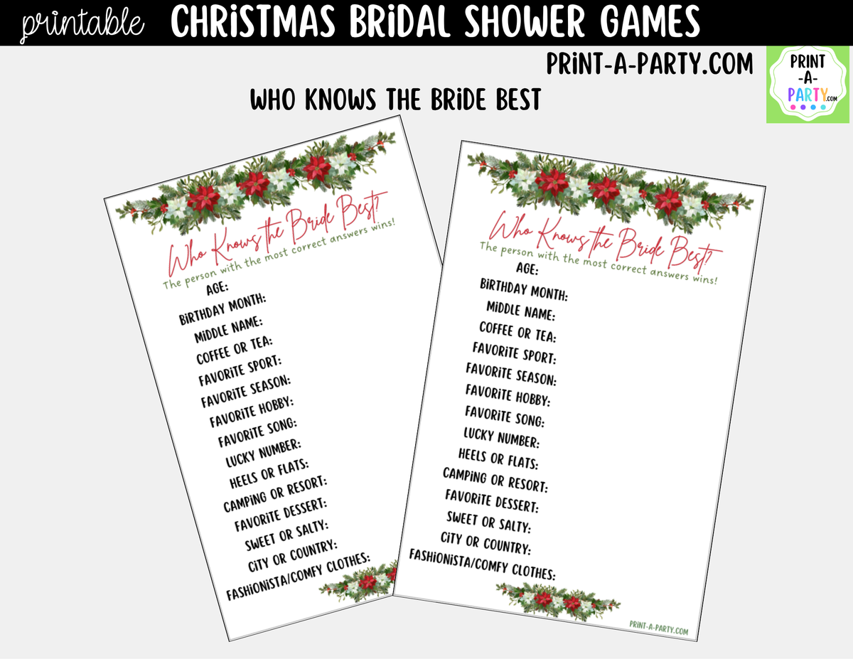 Christmas Bridal Shower Games Printable - Holiday Wedding Shower Game Bundle