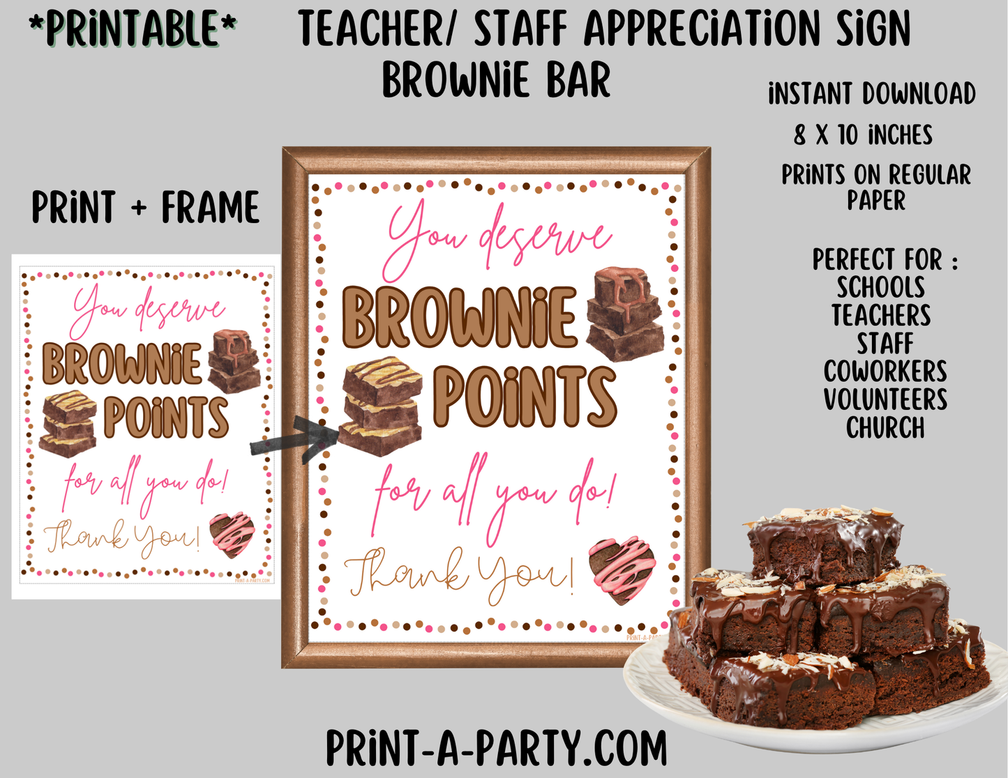 Appreciation Sign: BROWNIE BAR - Brownie Appreciation Sign | Printable 8x10 Teacher & Staff Thank You Food