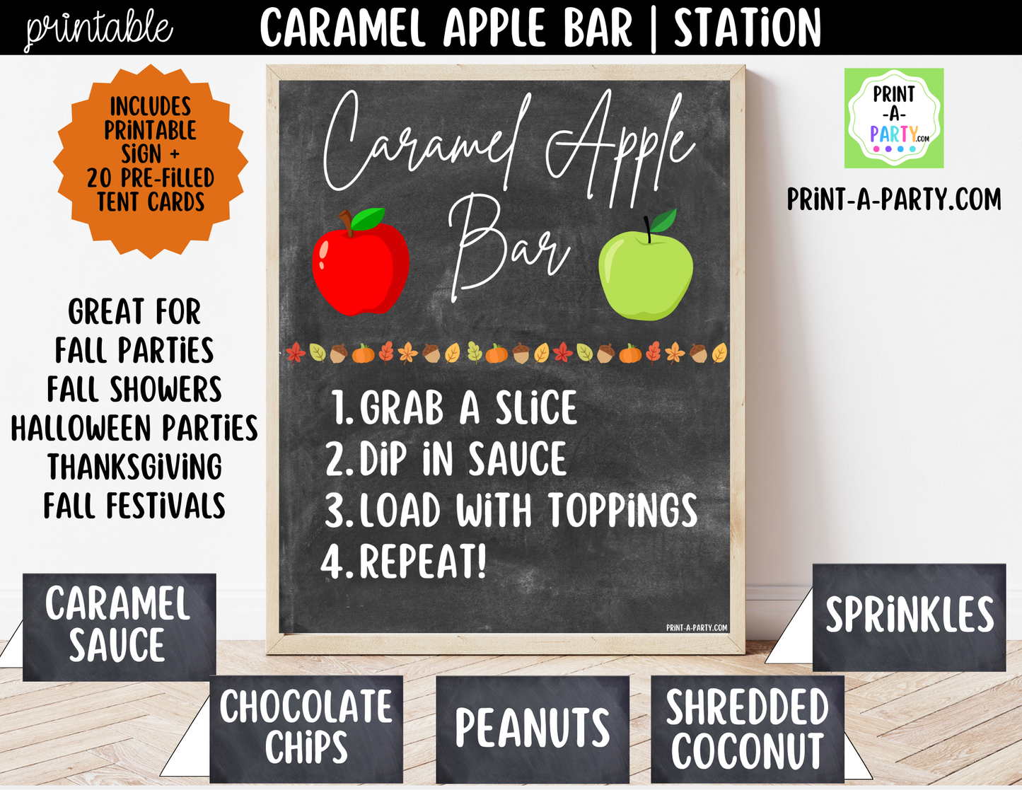 Caramel Apple Bar Printable Sign (8x10) & Topping Tent Cards – Perfect for Fall Parties, Baby Showers, Weddings & More!