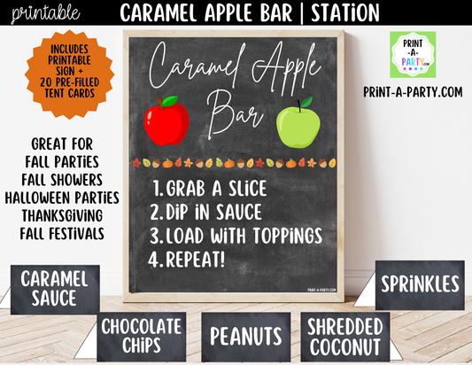 Caramel Apple Bar Printable Sign (8x10) & Topping Tent Cards – Perfect for Fall Parties, Baby Showers, Weddings & More!