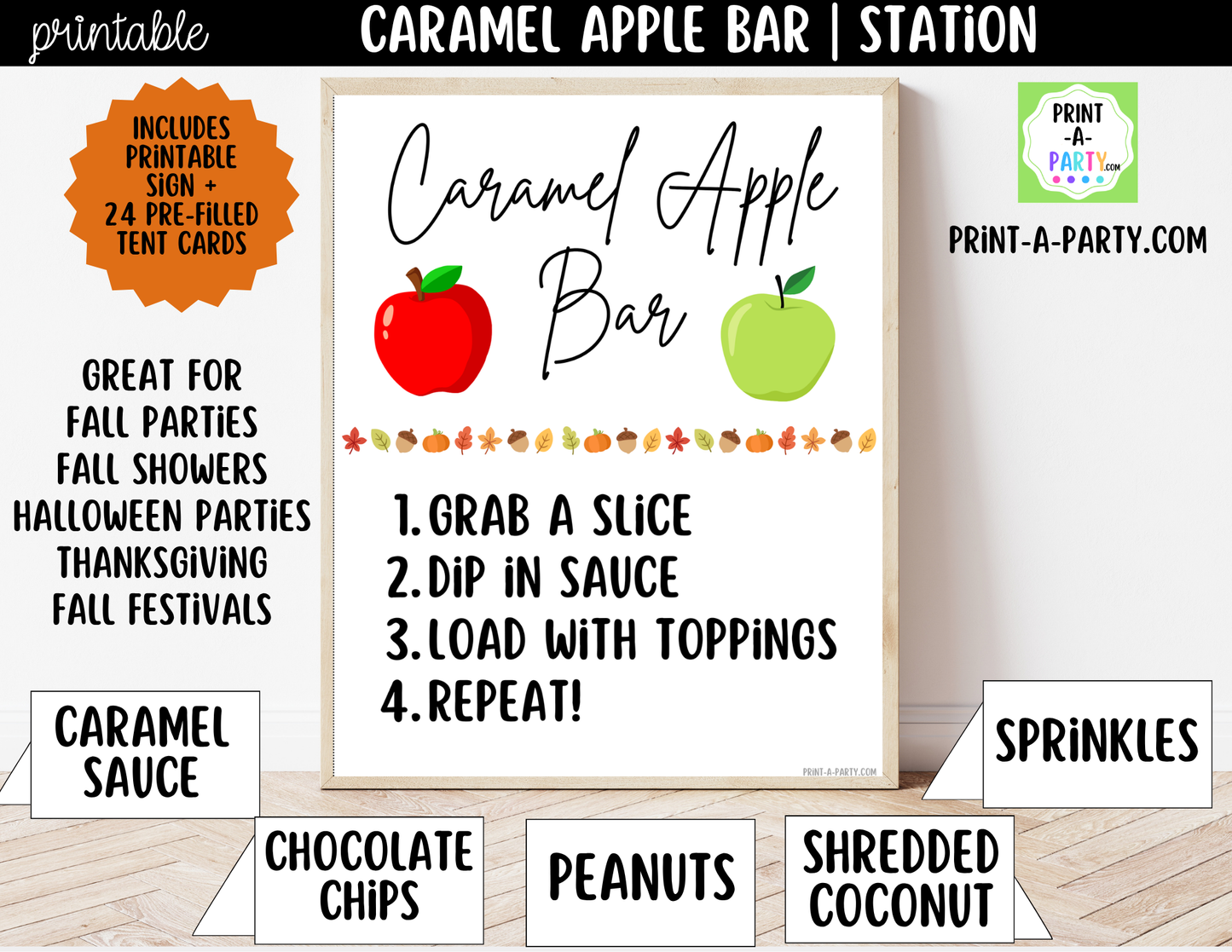 Caramel Apple Bar Printable Sign (8x10) & Topping Tent Cards – Perfect for Fall Parties, Baby Showers, Weddings & More!