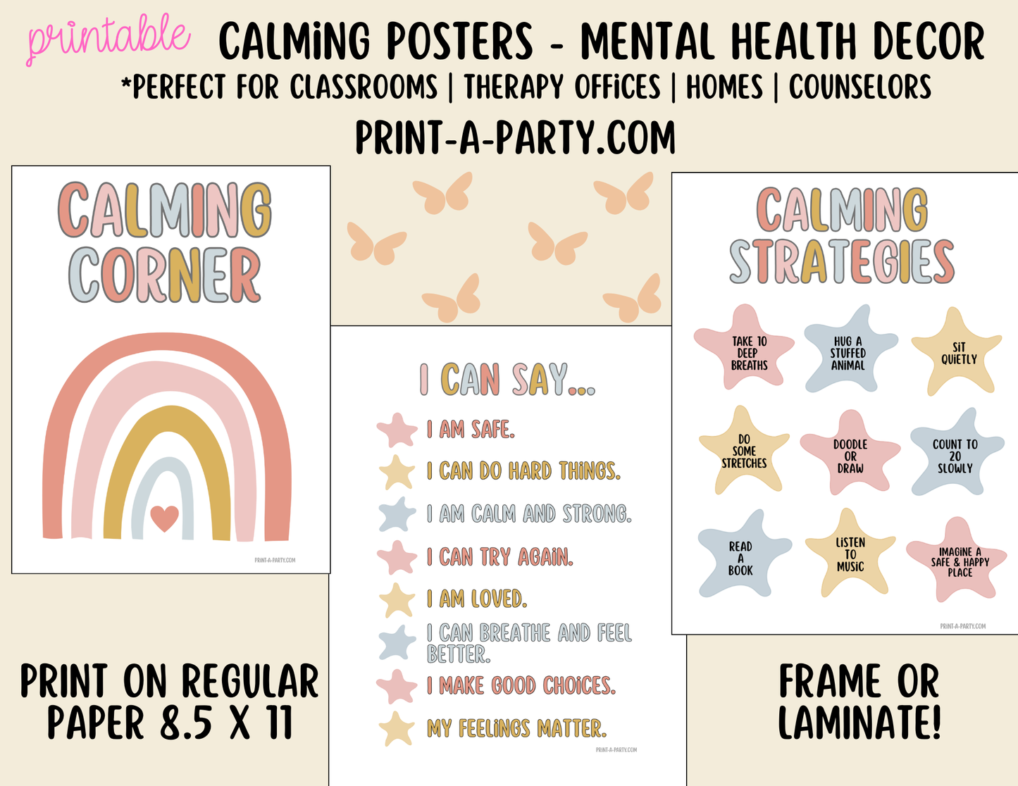 CLASSROOM DECOR - Boho Calming Corner Posters – Printable Mental Health Wall Decor for Classrooms, Therapy Offices & Homes