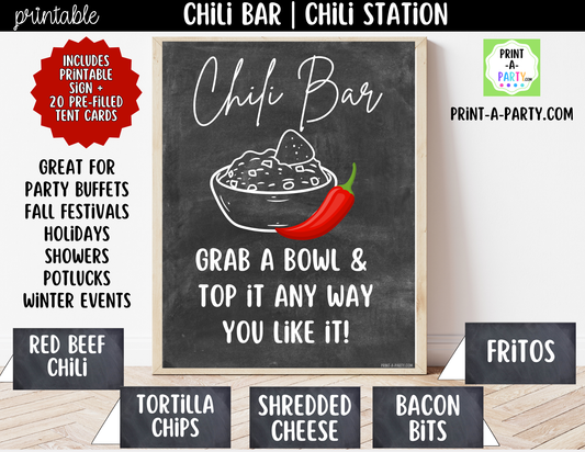Chili Bar Printable Sign (8x10) + Toppings Tent Cards – Perfect for Fall Winter Parties Showers Game Day