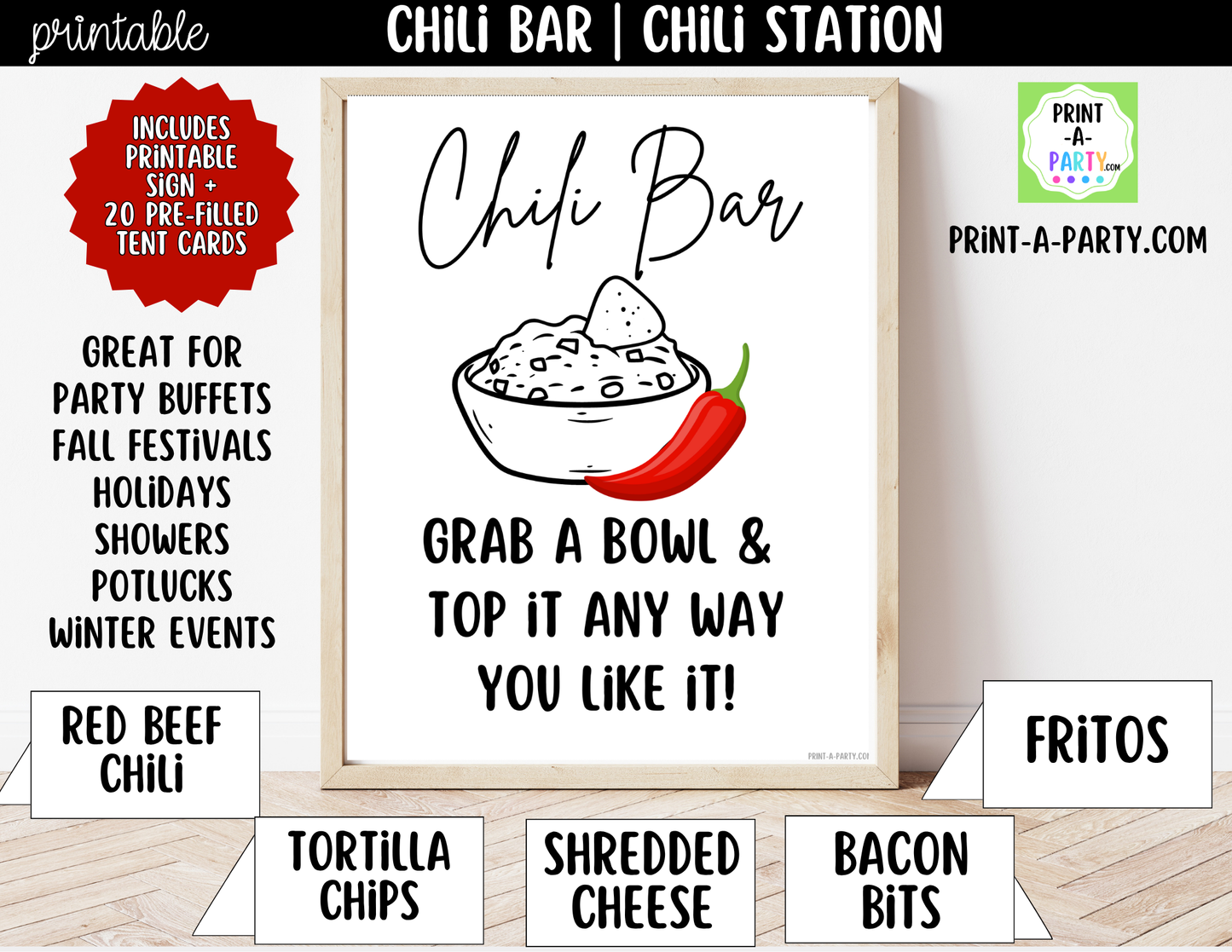 Chili Bar Printable Sign (8x10) + Toppings Tent Cards – Perfect for Fall Winter Parties Showers Game Day