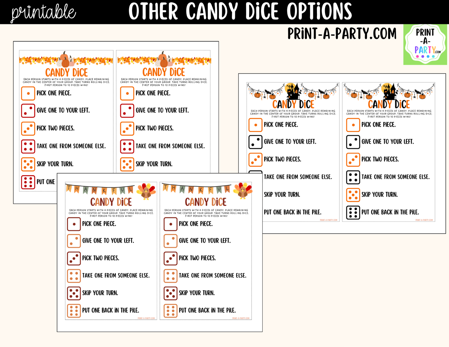 Thanksgiving Candy Dice Game Printable | Fall Party Game | Thanksgiving Kids Table Activity