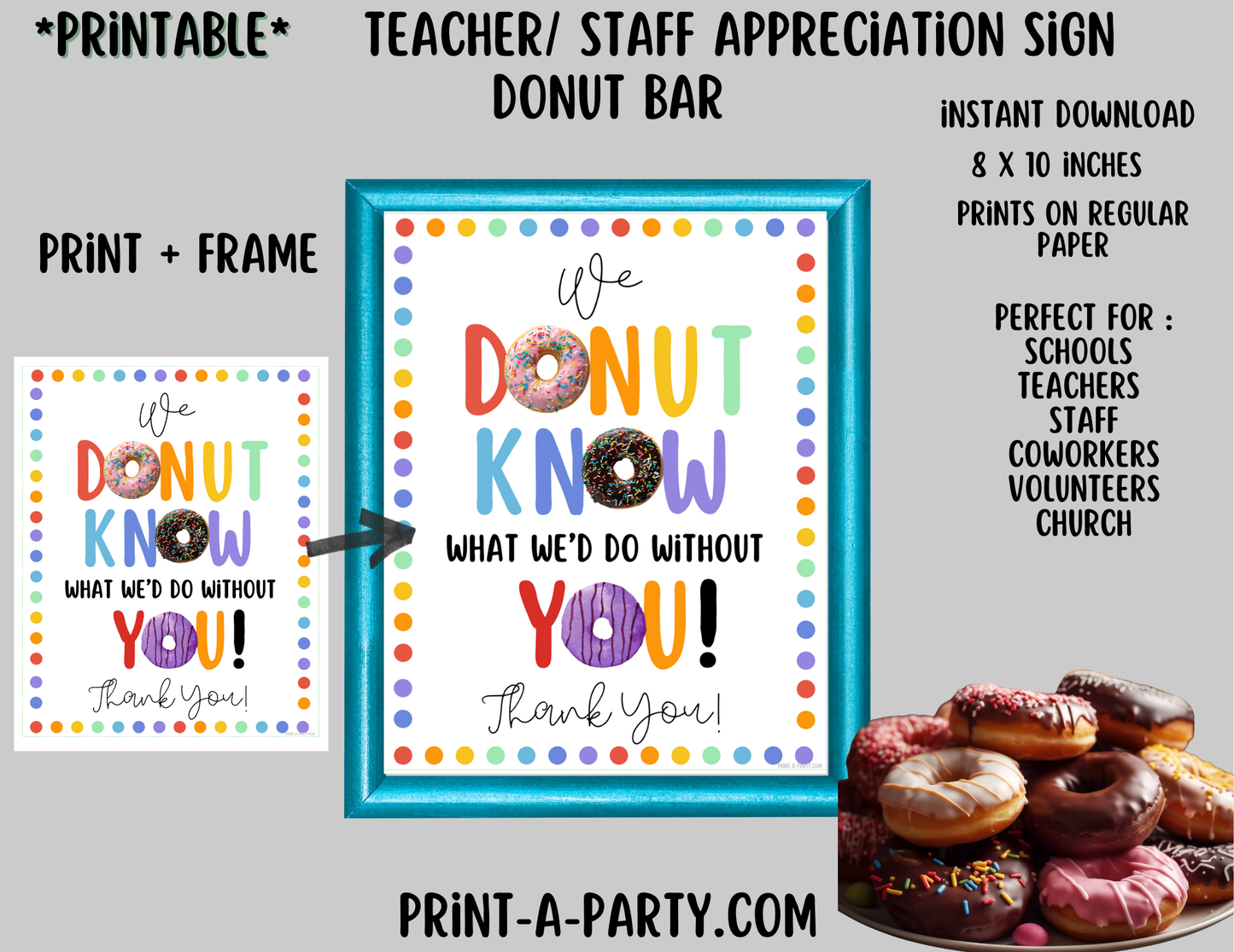 Appreciation Sign: DONUT BAR - Donut Appreciation Sign | Printable 8x10 Teacher & Staff Thank You Decor