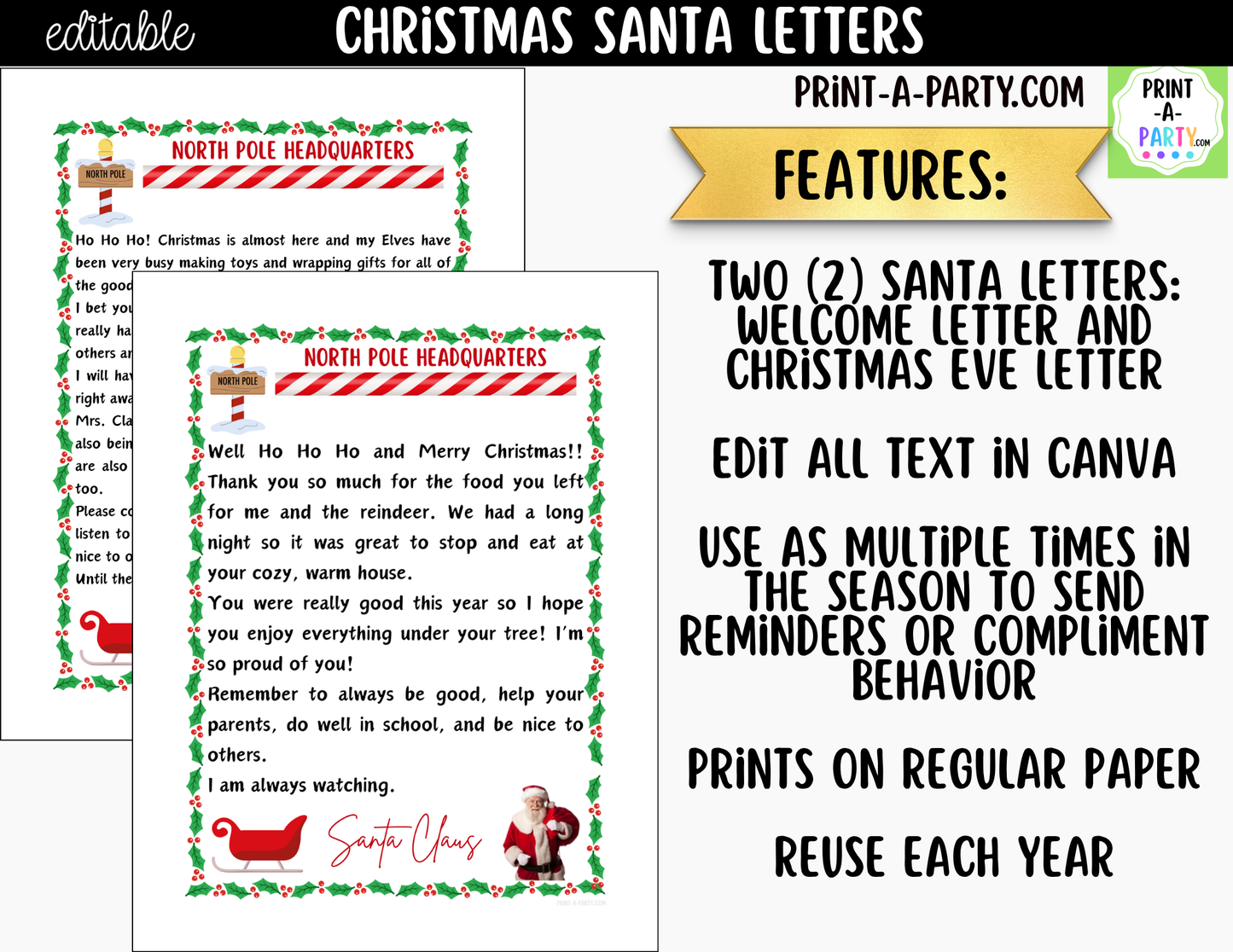 Editable Santa Letters - Personalized Printable Letters from Santa for Kids - 2-Pack