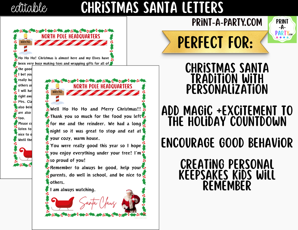 Editable Santa Letters - Personalized Printable Letters from Santa for Kids - 2-Pack