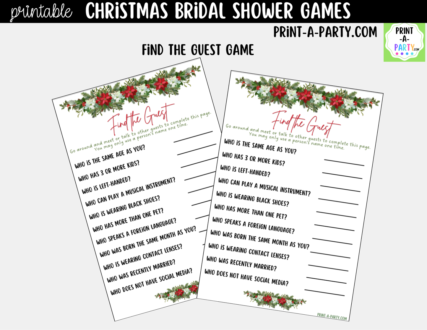 Christmas Bridal Shower Games Printable - Holiday Wedding Shower Game Bundle
