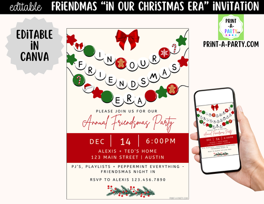 Friendsmas Party Invitation | Editable Canva "In Our Friendsmas Era" Holiday Invite