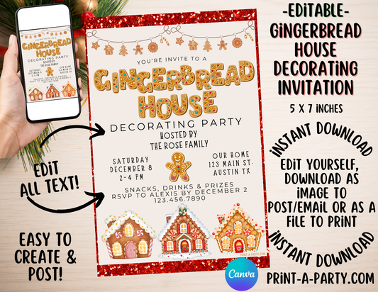 GINGERBREAD HOUSE DECORATING PARTY Invite - Editable Gingerbread-themed Party Invitation – Customizable Holiday & Christmas Invite for Easy Sharing and Printing