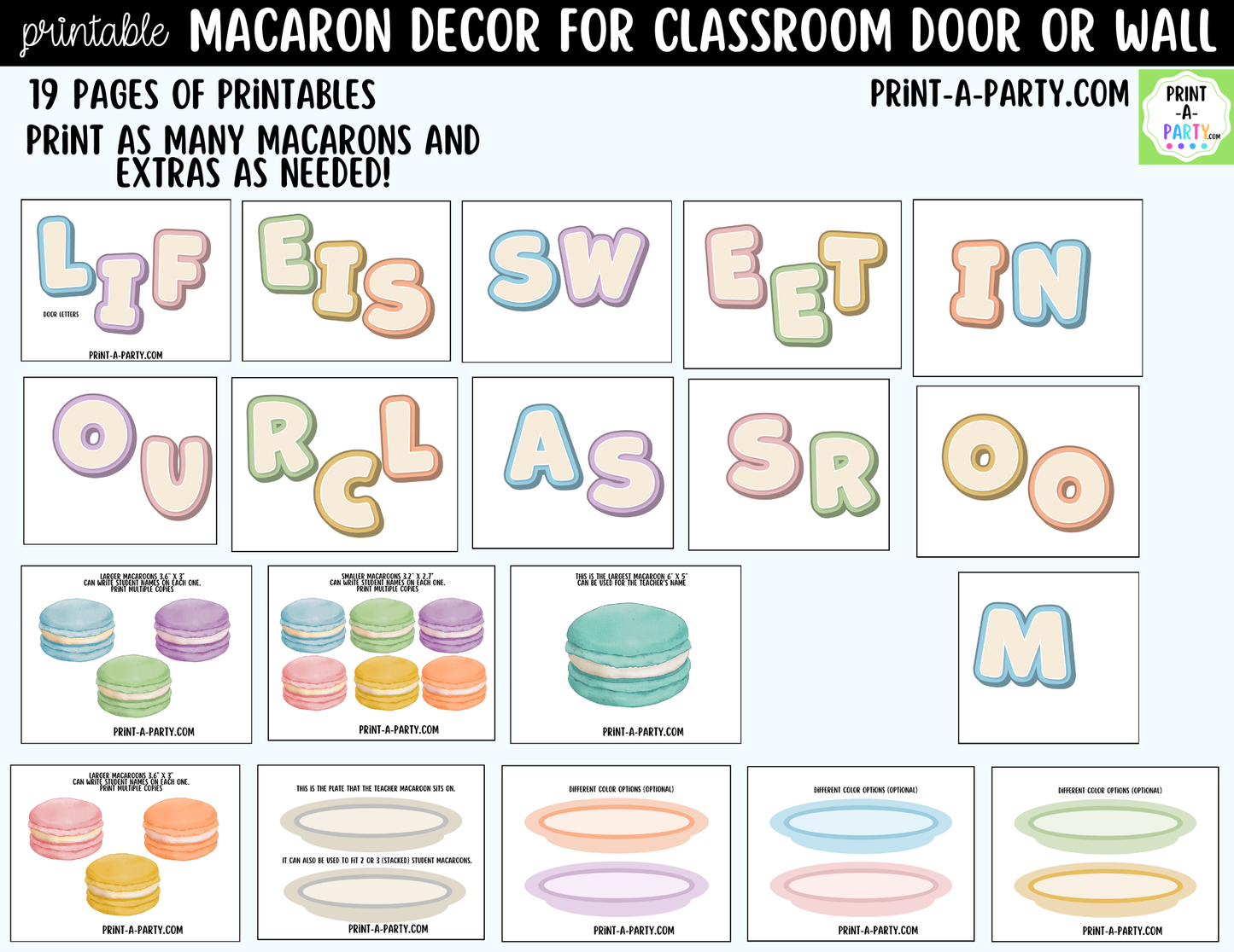 Macaron-themed Printable Classroom Decor Kit for Doors, Boards, Hallways - Life Is Sweet In Our Classroom