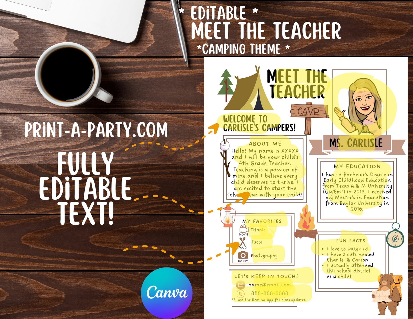 Meet the Teacher Editable Template – CAMPING | CAMPERS Theme Printable for Teacher Introduction, Teacher Information, Back To School , First Day of School