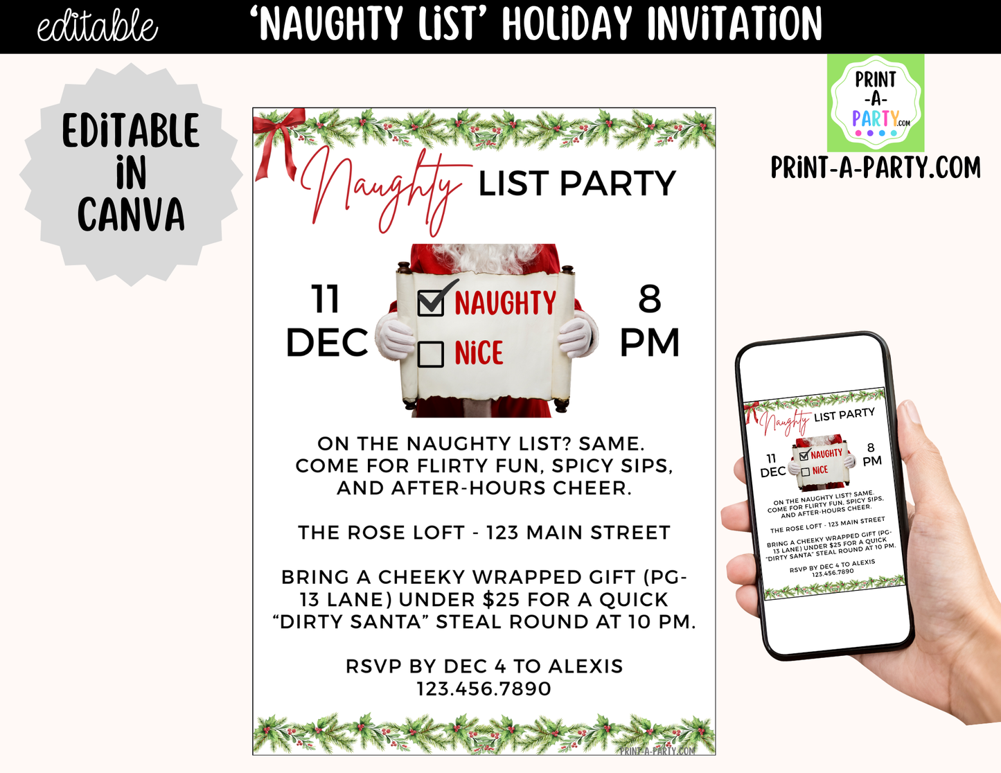 Naughty List Christmas Party Invitation | Editable Canva Funny Adult Holiday Invite