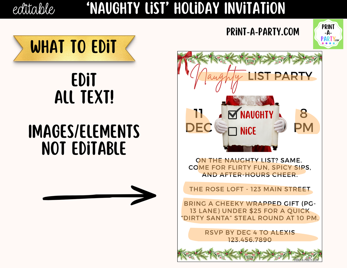 Naughty List Christmas Party Invitation | Editable Canva Funny Adult Holiday Invite