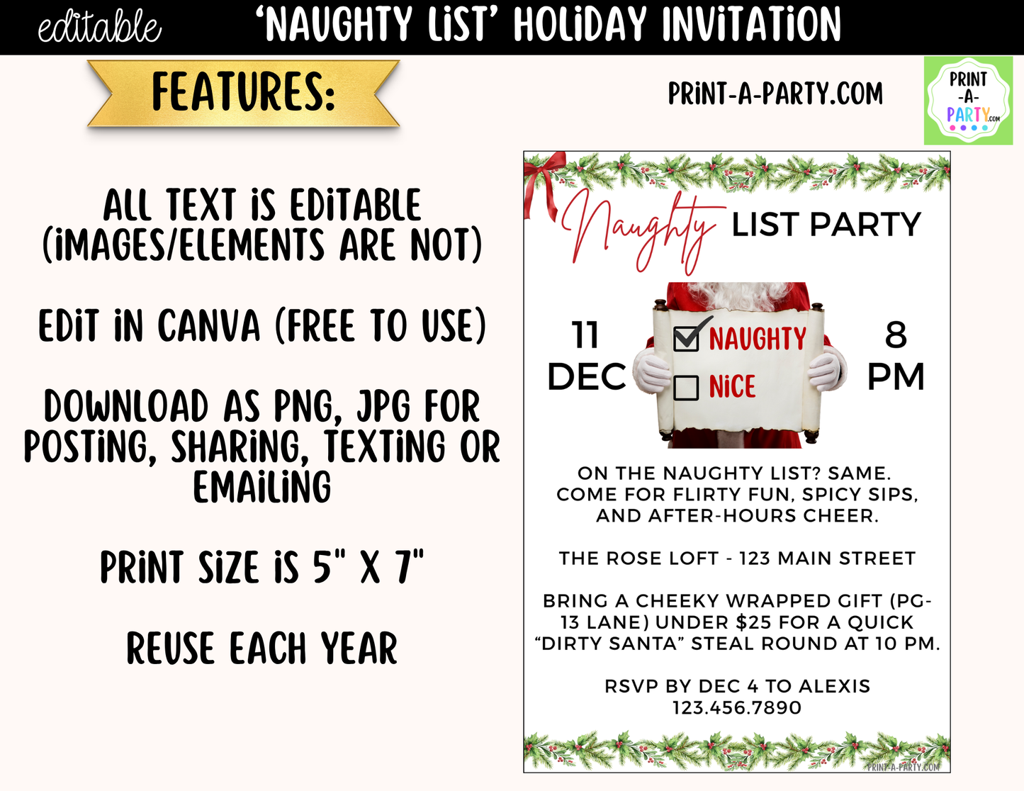 Naughty List Christmas Party Invitation | Editable Canva Funny Adult Holiday Invite