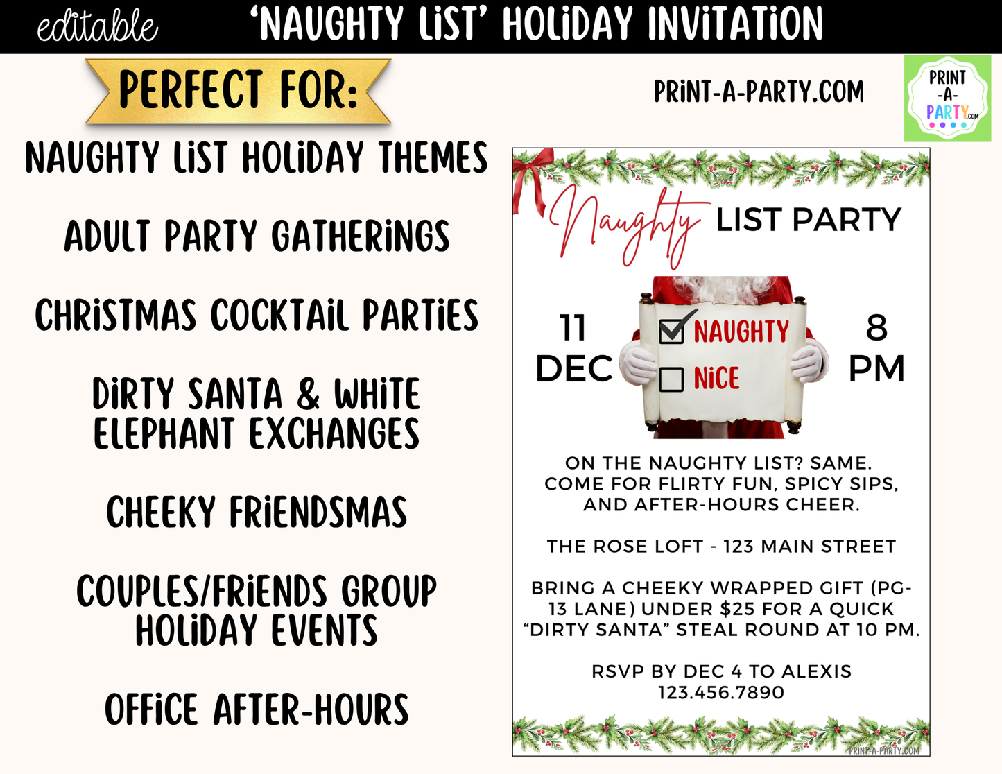 Naughty List Christmas Party Invitation | Editable Canva Funny Adult Holiday Invite