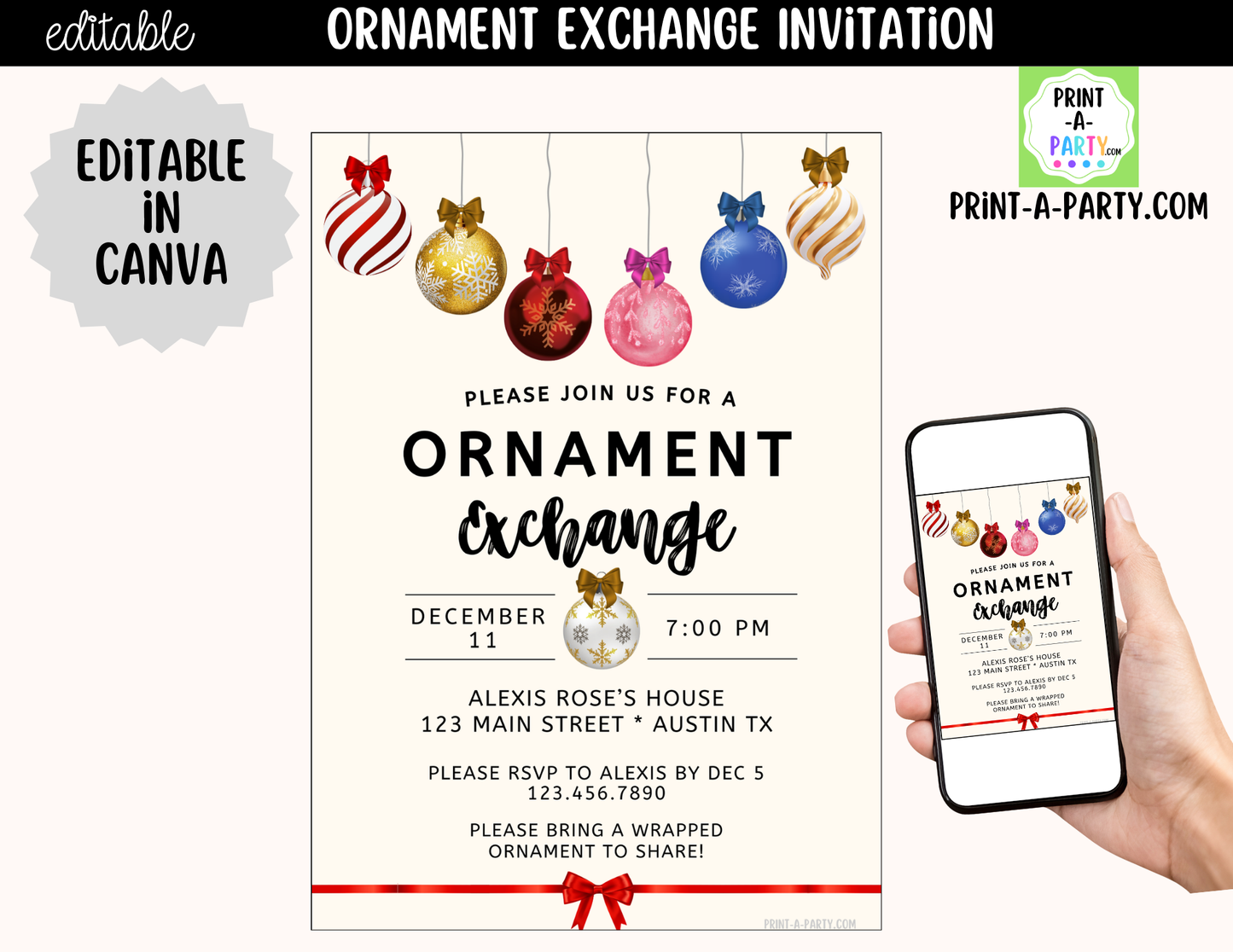 Ornament Exchange Party Invitation | Editable Canva Christmas Holiday Invite