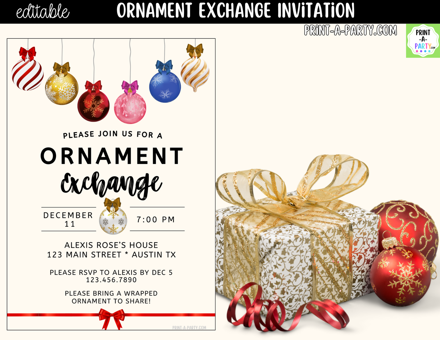 Ornament Exchange Party Invitation | Editable Canva Christmas Holiday Invite