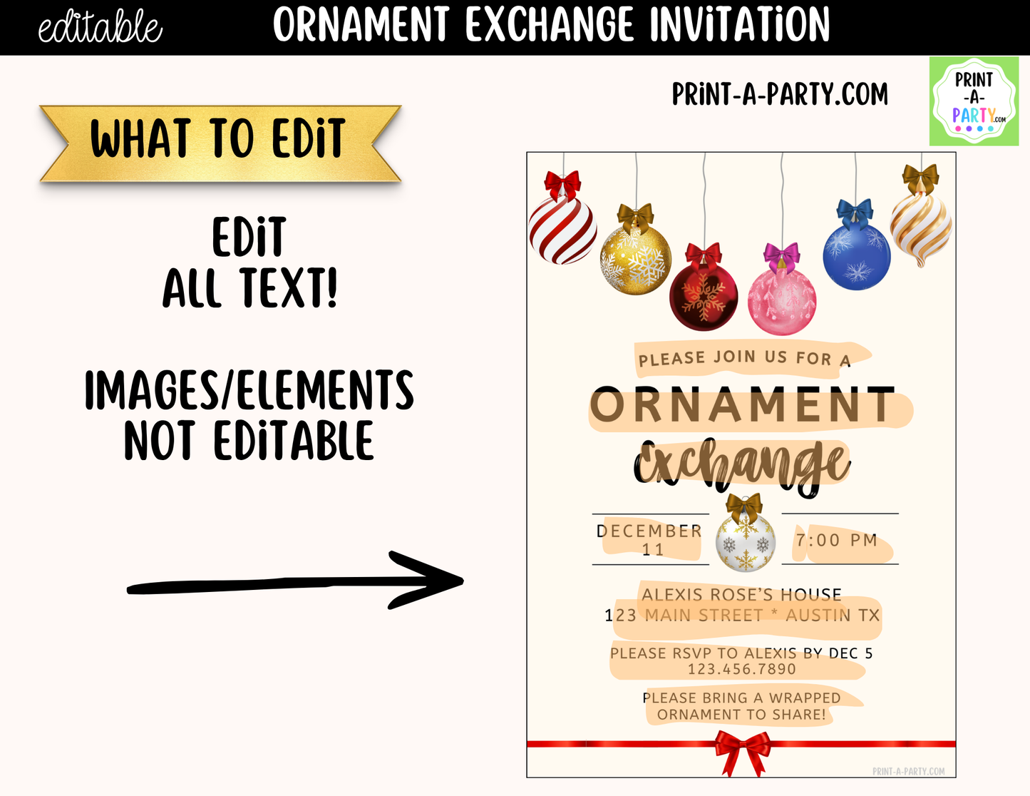 Ornament Exchange Party Invitation | Editable Canva Christmas Holiday Invite